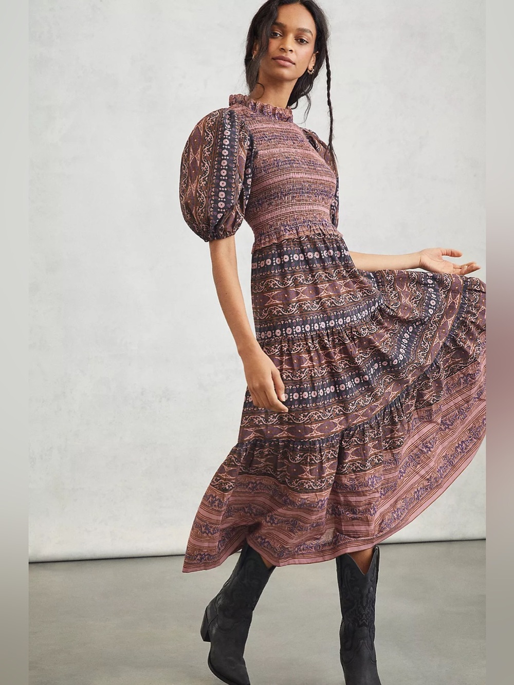 Othilia Anthropologie Smocked Paisley Puff Sleeve Midi Dress XS